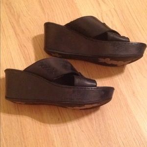 Born Platform Wedge Slides- Black Leather- 8M